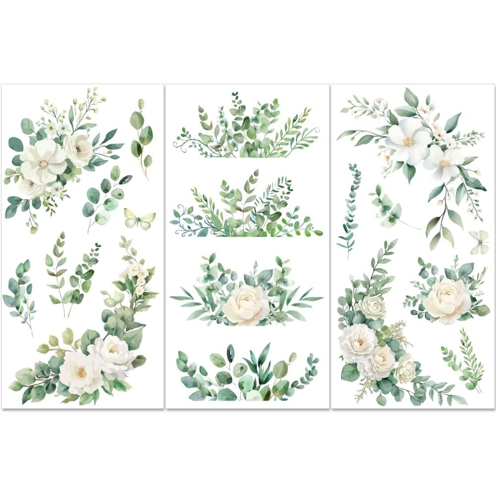 Image of 3 Sheets Green Leaves Rub On Transfers, Rustic Vine Rub On Decals For Furniture And Crafts 6" X 12" Eucalyptus Leaves Transfer Stickers For Dressers Furniture Transfer Decals
