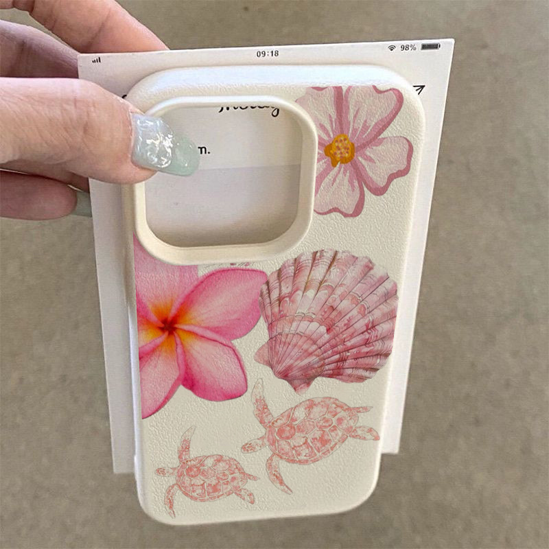 Pink Sea Turtle Shell Hawaiian Flower Pattern Suitable for TPU Case Compatible with iPhone 16 Pro Max iPhone 16 Pro Max/14/16 Plus/15/13P/12/11 Business Shockproof Protective Case High Aesthetic
