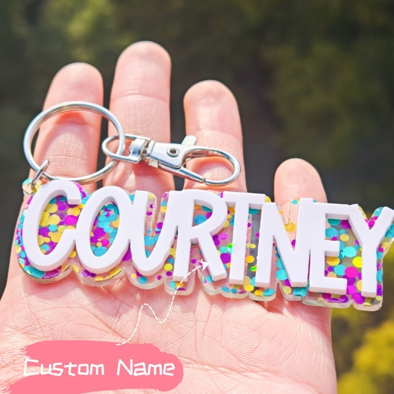 TEMU Personalized Acrylic Name Keychain With Colorful Glitter Dots And Wreath Letters - Custom Initials And Numbers, Sturdy Rectangular Pendant Gift