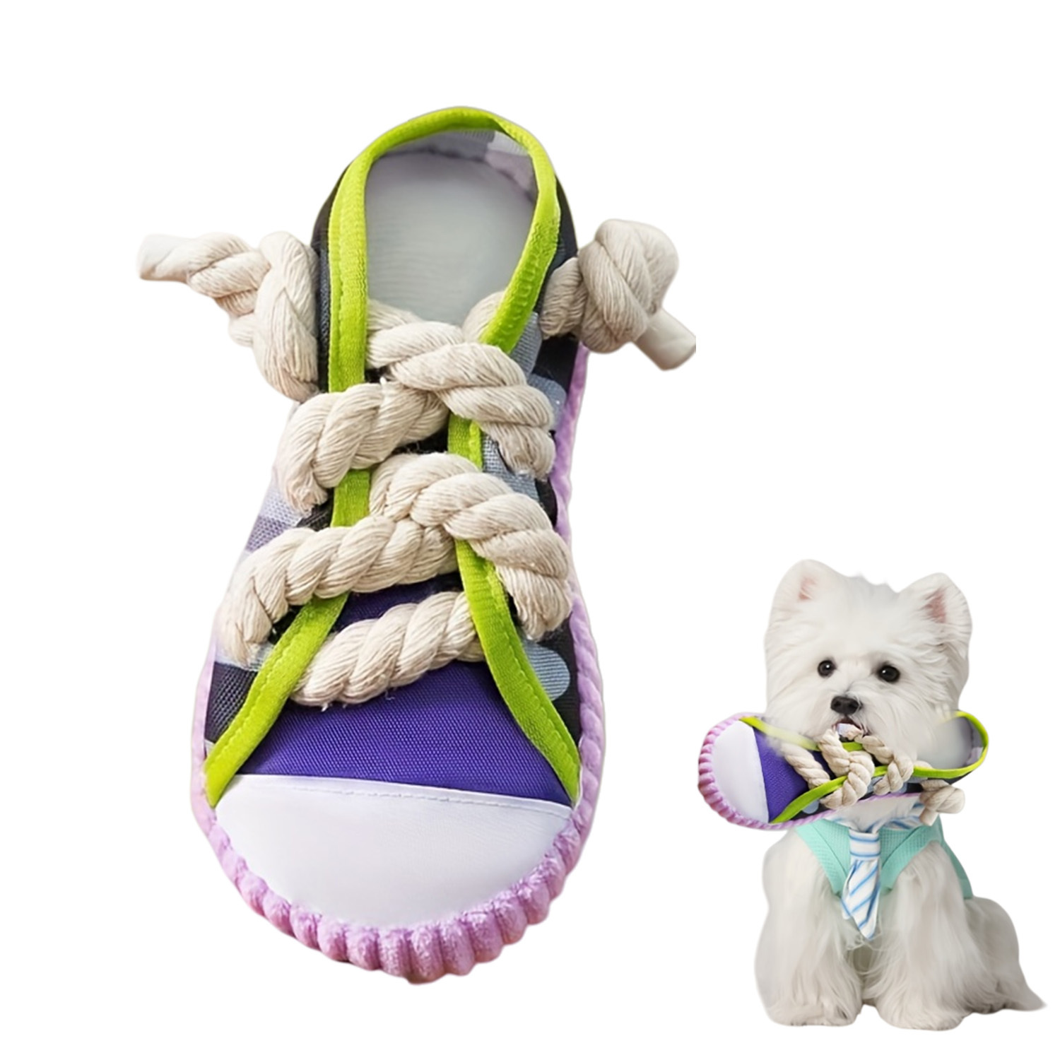 Dog Slipper Toy, Fabric/Canvas Rope Knot Design Toy (With Hanging Loop, Squeaky/Squeaker-Free Optional, Non-Toxic Safe Material), for Puppies, Small-Medium Dogs (Shih Tzu/Chihuahua/Pomeranian), All Breeds, Teething, Dental Cleaning, Tug-Of-War