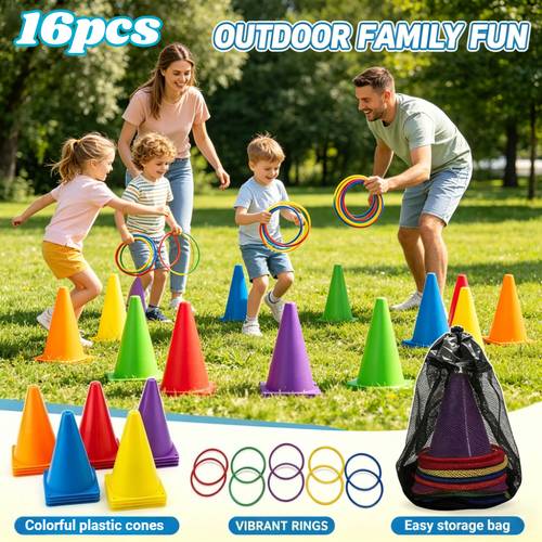 juego de anillos de 16 piezas (5 + 10 circulos + 1 bolsa) color aleatorio - combinación multi especificación con diversión fuerte de interacción entre , bolsa de malla de almacenamiento portátil de para juegos familiares en trasero/interacción entre de deportes/