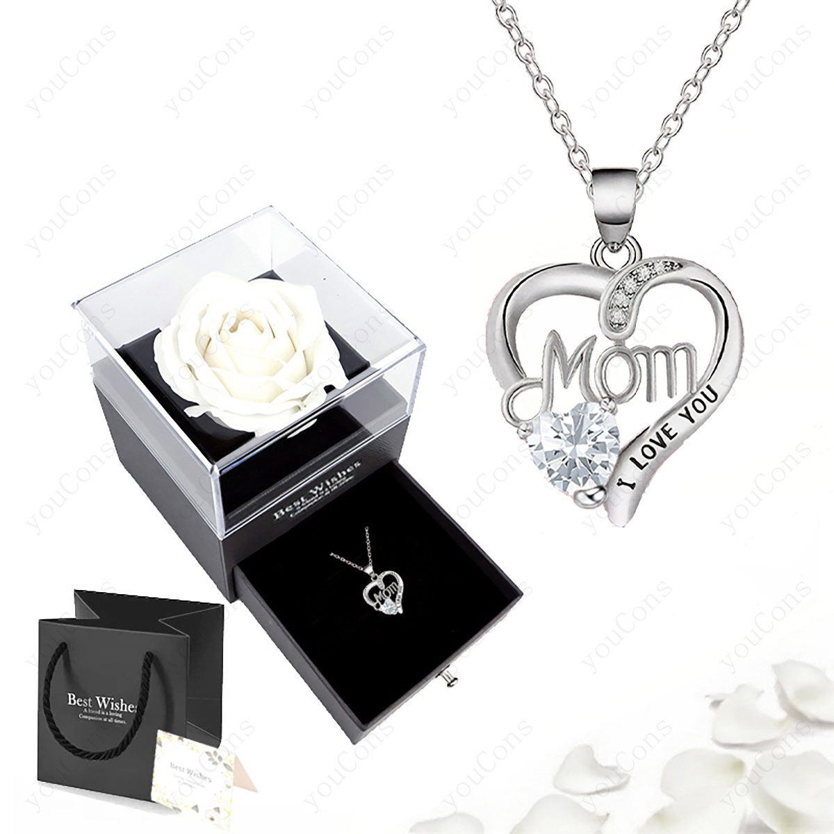 Image of Synthetic Synthetic Zirconia "mom" Heart-shaped Pendant Necklace, Rose Gift Box And Greeting Card. December Birthstone Color Scheme, For Mom, Women, Girlfriends, Wives, Or Her. A Surprise Gift