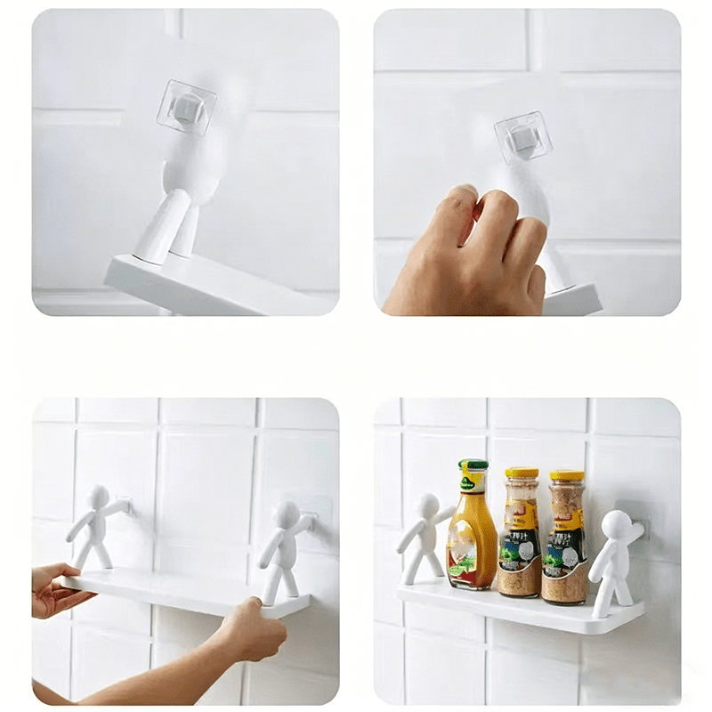 TEMU Lot de 5 étagères murales de personne perçage : 1 étagère + 2 crochets + 2 figurines en plastique, support de rangement flottant créatif