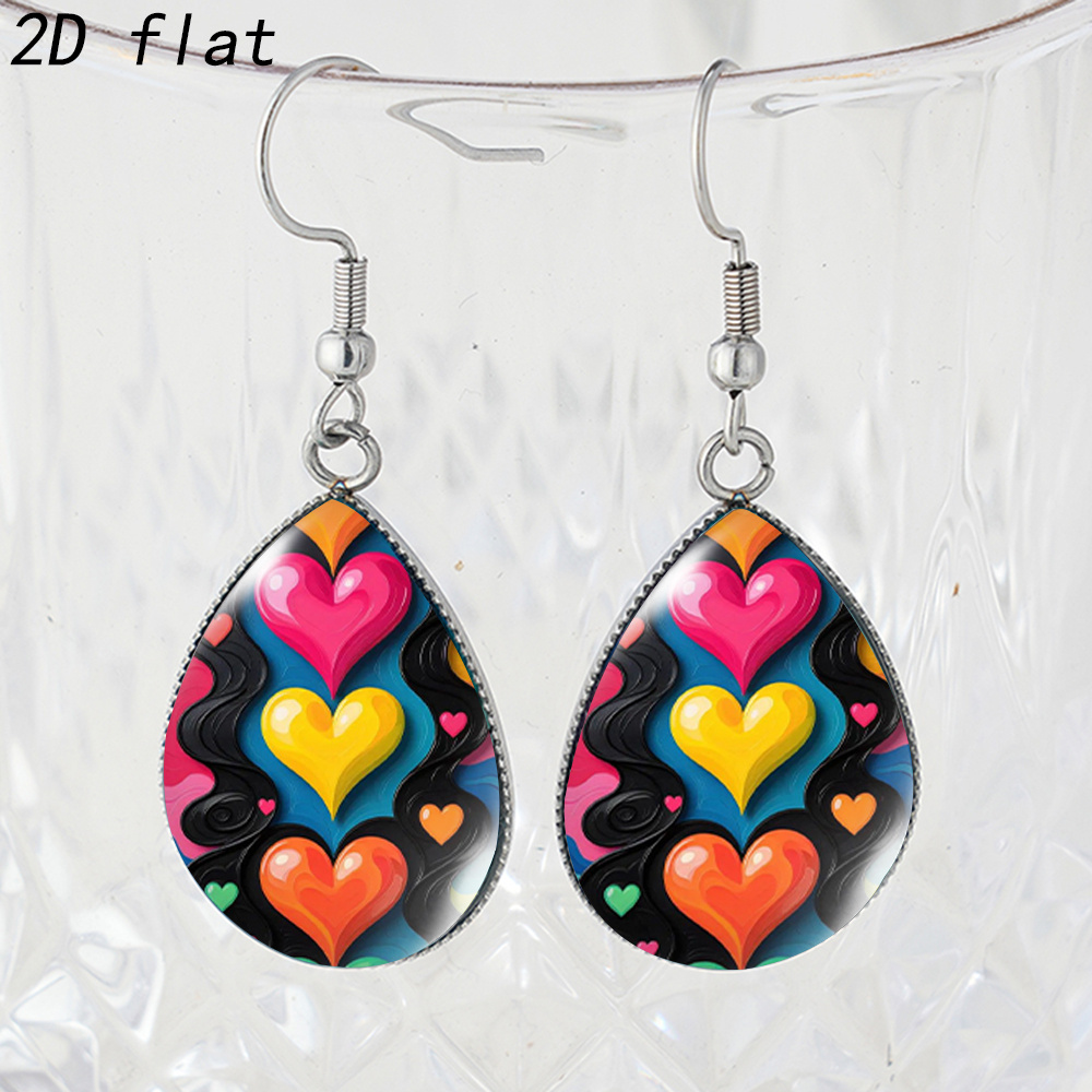 TEMU 2d Flat, 1 Pair Colorful Gradient Heart Wave Pattern Time Gemstone Glass Teardrop Earrings, Hypoallergenic Stainless Steel Ear Hooks, 2d Flat,