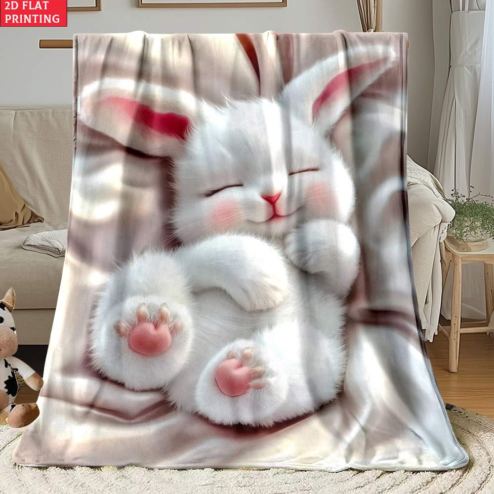 TEMU A Lightweight Portable Blanket Featuring A Of A Furry Rabbit, Home Decor And Suitable For Travel, Camping, Living Rooms, Offices, Sofas, Chairs,