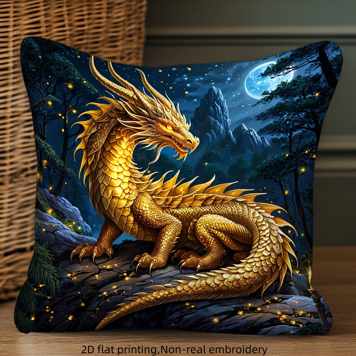 TEMU 2d Flat - 1pc 2d Flat Printing Magical Pillowcase, Polyester Fiber Material, Single-sided Print, Pillow Insert Not Included. Golden- Dragon