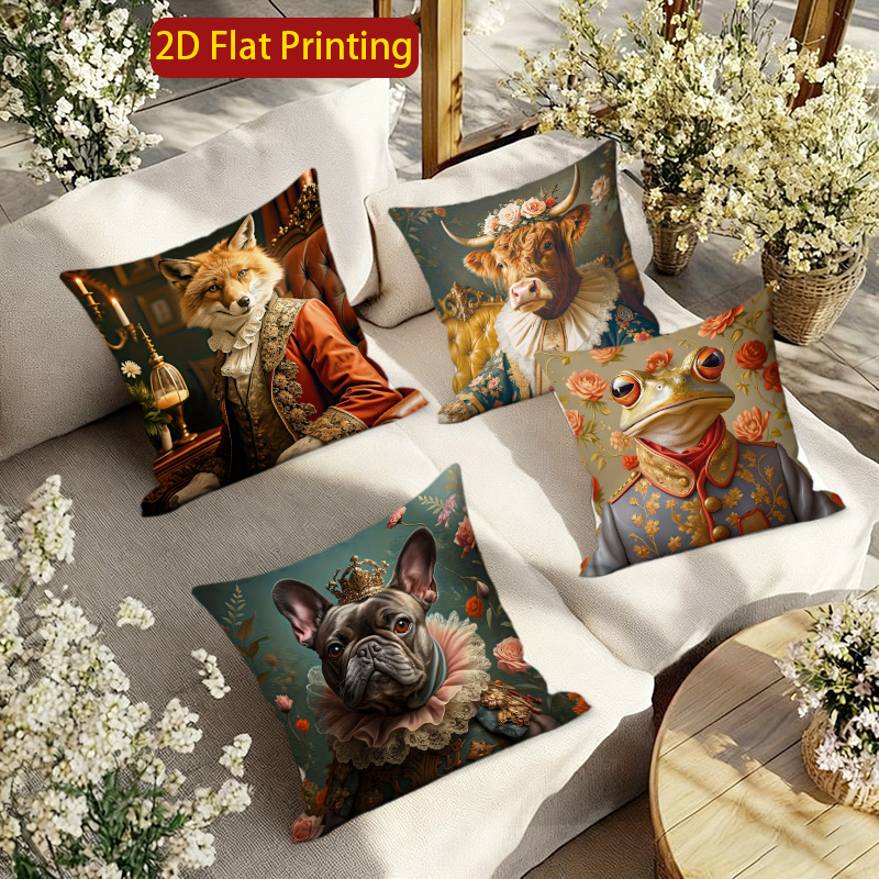 TEMU 2d Flat 4pcs Vintage Court Style Animals Digital Printing Pillowcases, Cute And Exquisite, Zipper Closure, For Home Kitchen Sofa, Living Room,