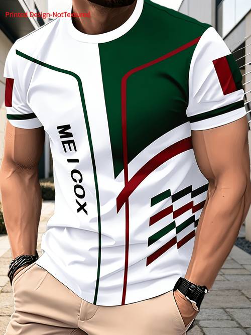 photo de l'article t-shirt dété pour homme à manches courtes avec imprimé mexicain, motif imprimé non texturé, col ras du cou confortable, mode décontractée et sportive, thème fan, haut , vêtement dextérieur élégant, nouveau cadeau