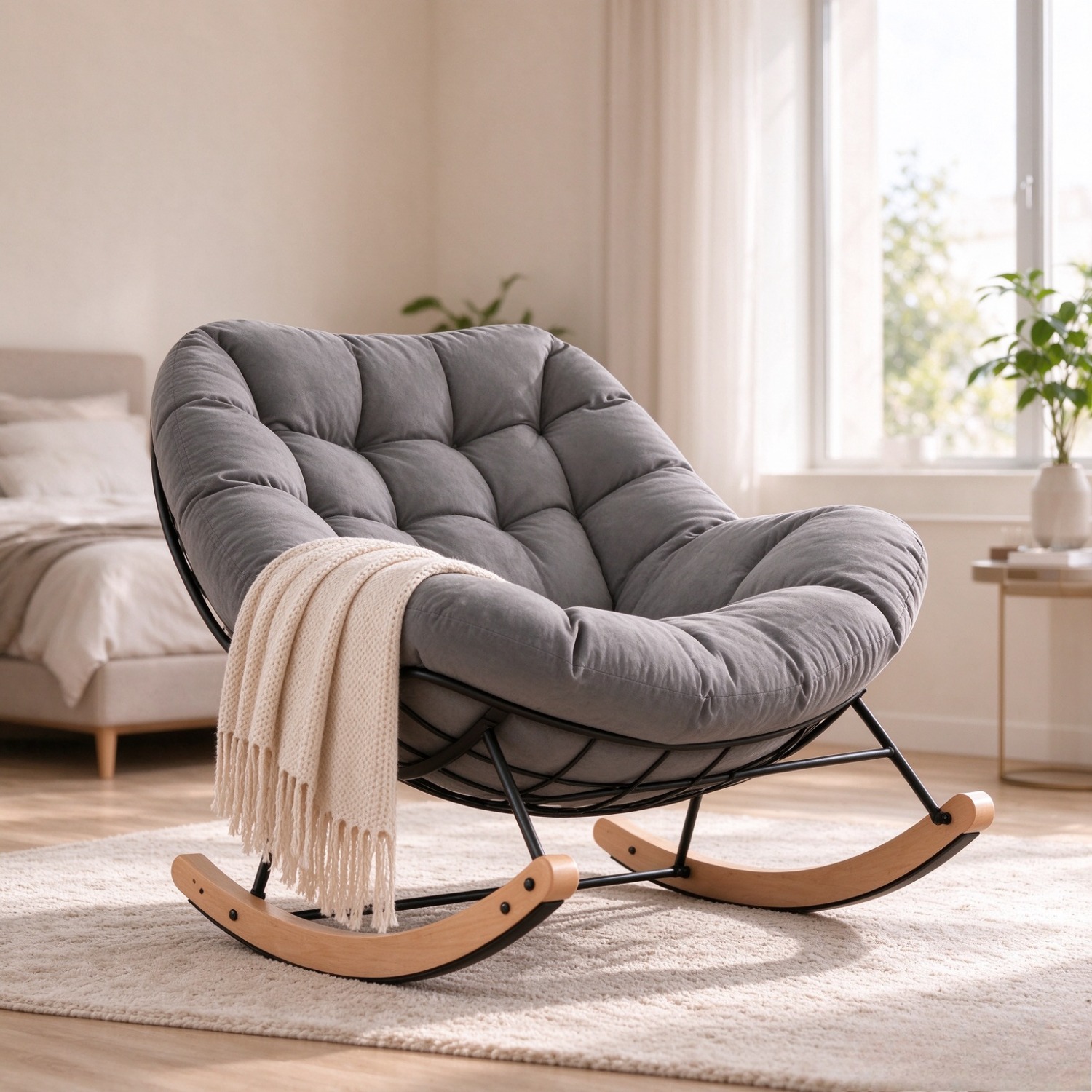 Image of Rocking Chair Indoor Outdoor, Oversized Papasan Chair With Thick Cushion, Reclining Lounge Armchair, Metal Frame & Wooden Base, Accent Rocker For Patio Garden Room