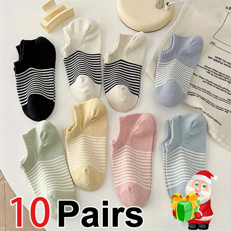 TEMU 10 paires de chaussettes courtes rayées pour femme, couleur aléatoire, style simple, , décontracté, à col ras du cou, invisibles, respirantes et