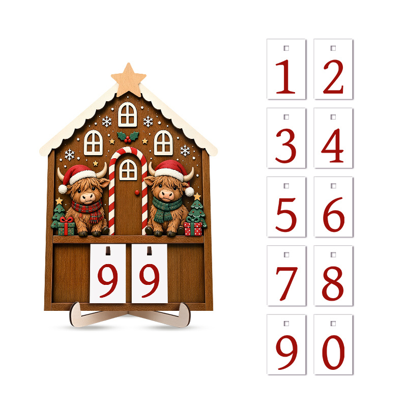 TEMU 1pc Highland Cow Gingerbread House Wooden Sign For Christmas Decorations - Christmas Wooden Countdown Calendar, Xmas Decor For Shelf, Table,