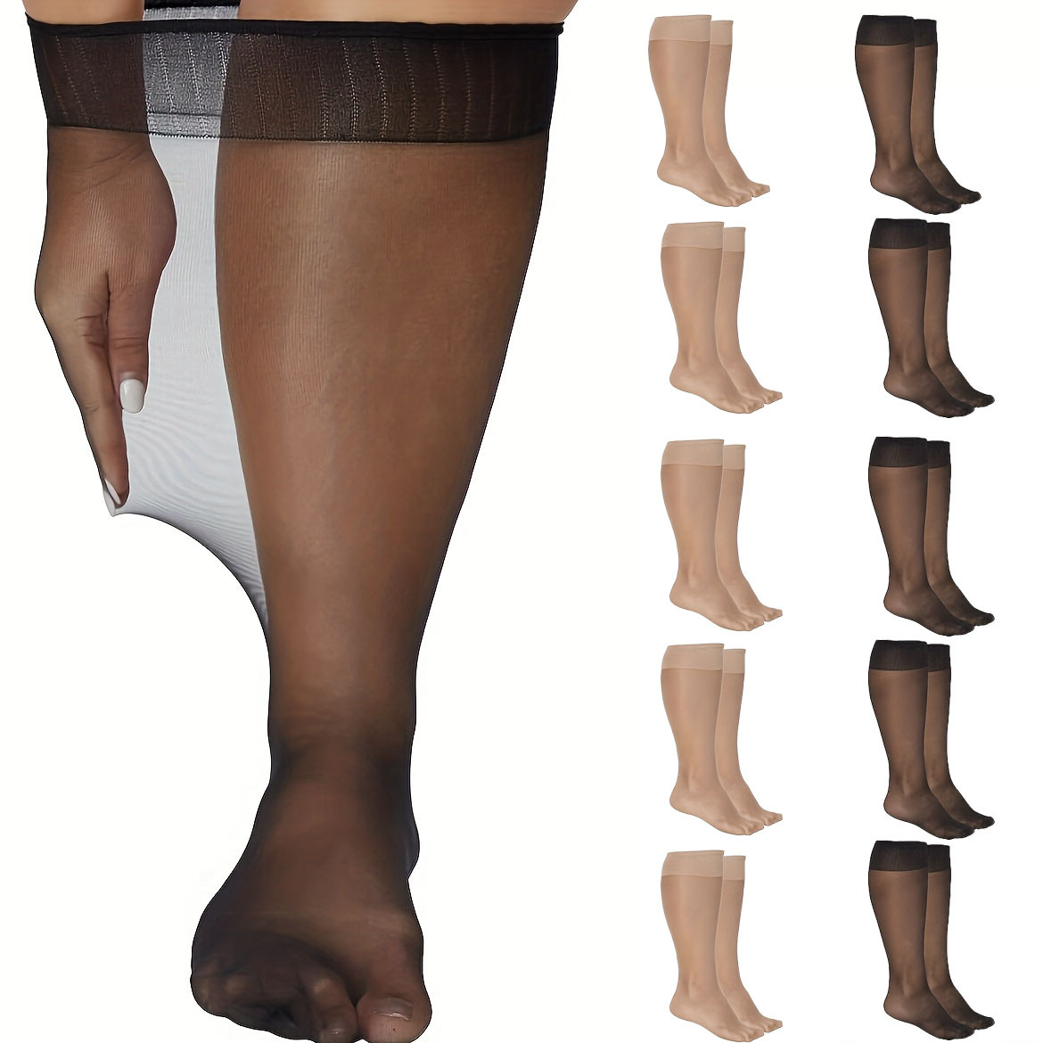 TEMU 10 Pairs Women's High-knee Thigh-high Socks - Non-slip Stretchy Knee-high Socks With Wide Cuff, Thick Cushioned Fabric For, Plus Size & Everyday