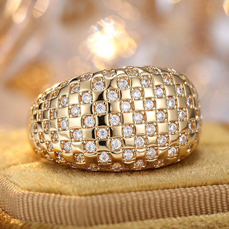 Women's Wide Fashion Ring with Grid Design and Synthetic Zirconia