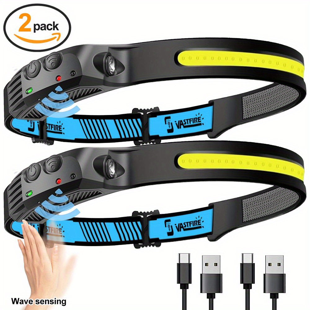 Vastfire 2pack Headlamp Rechargeable 1200mah Headlamps For Adults, 230 Headlamp & Spotlight, Motion Sensor, 5 , Lightweight Head Lamps For Camping Running