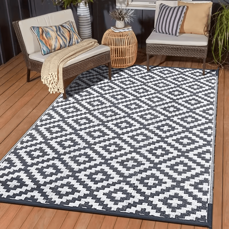 Image of Reversible 9x12ft Outdoor Floor Mat Double Sided Rug, Pp Camping Carpet For Patio Deck And Porch, Foldable Plastic Mat With 4 Stakes And Storage Bag Included