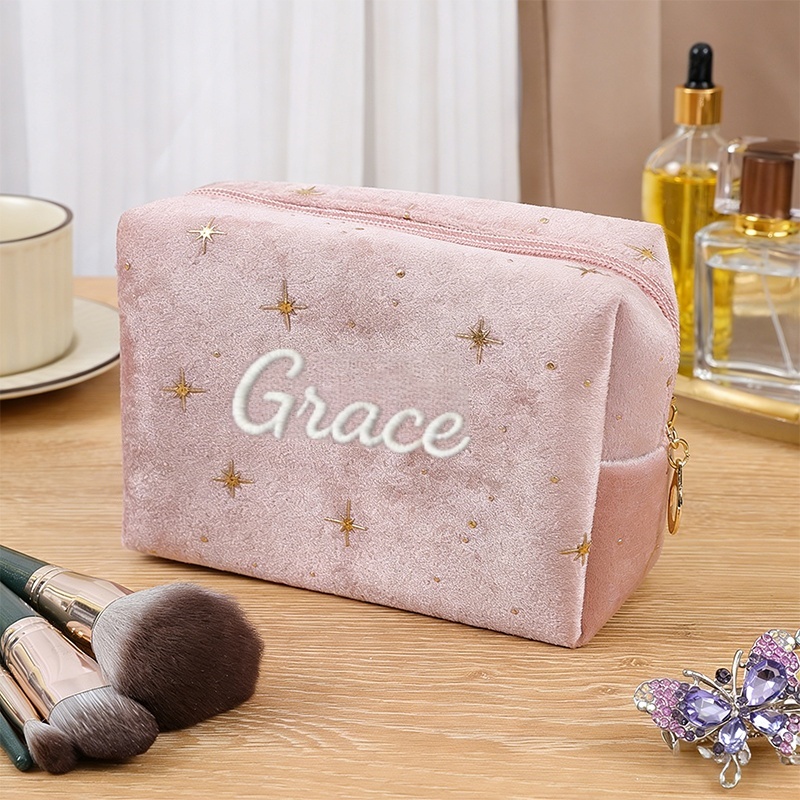 TEMU Customized Personalized Name Embroidered Makeup Bag -- A Large Capacity Makeup Pouch Made Of Satin With Starlight Glitter, With Golden Stars For