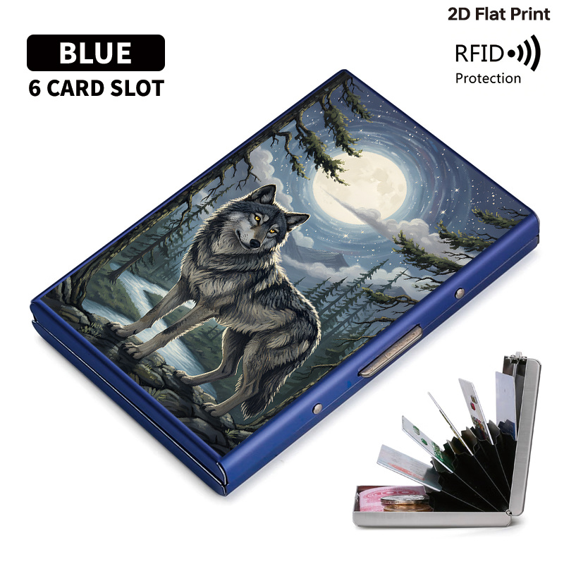 TEMU Wolf Moon Stainless Steel Rfid Blocking Metal Wallet For | Card Holder With Secure Slots | Mirror Polished Elegant Black & Silvery Gift For