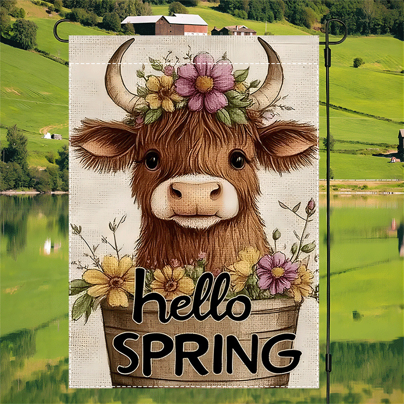 

1pc Highland Cow Garden Flag, Double-sided, Waterproof Polyester Burlap Outdoor Lawn Decor Banner, 12x18 Inch, With Wooden Barrel & Cow Design, For No Electricity Needed