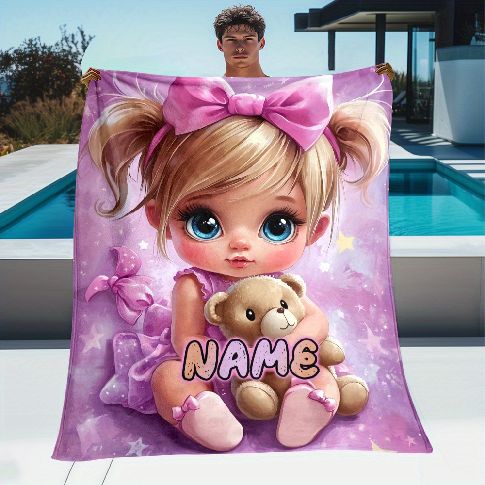 Customized ID Pink Cute Girl and Teddy Bear Flannel Blanket