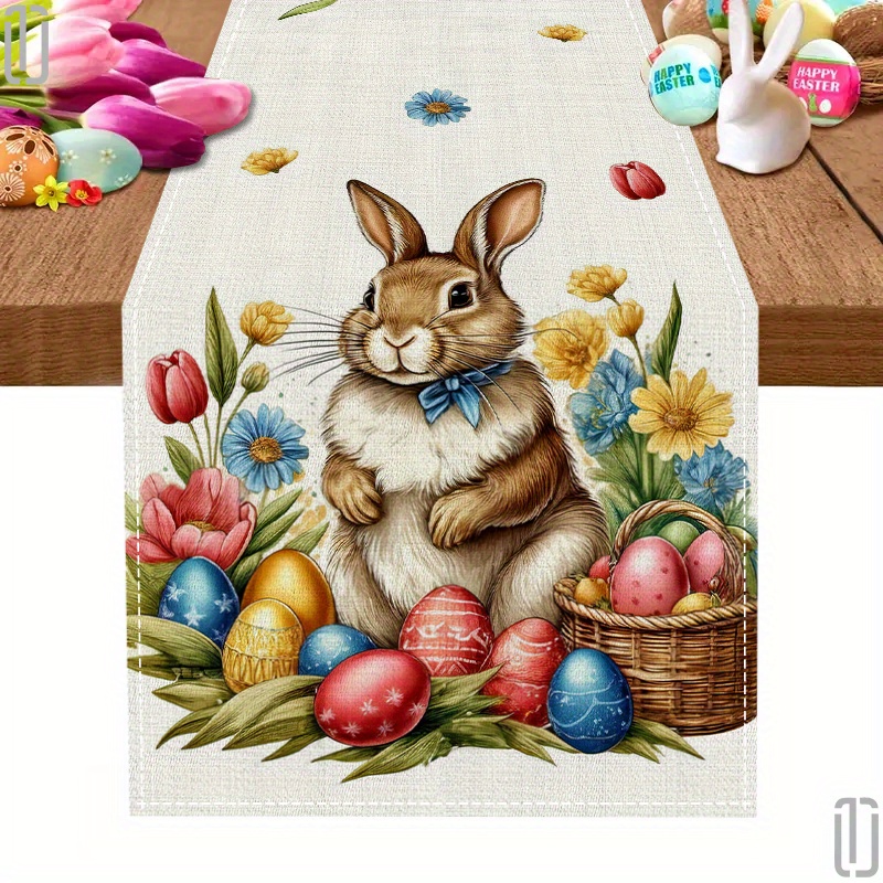 TEMU 1pc, Polyester Tablecloth, Bunny Egg Tablecloth, 72 Inch Polyester Easter Atmosphere Tablecloth Holiday Table Tablecloth, Home Decor, Easter