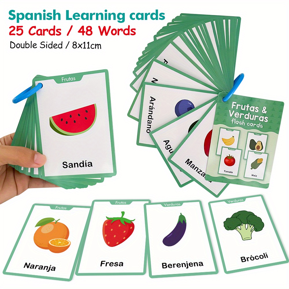 Image of Learn Spanish Cards Kit For Kids | Sight Words Flash Cards Set: Animals Food Fruits & Body | Educational Birthday Gift | Homeschool Preschool Preschool Kindergarten Games | Learning Vocabulary Cards