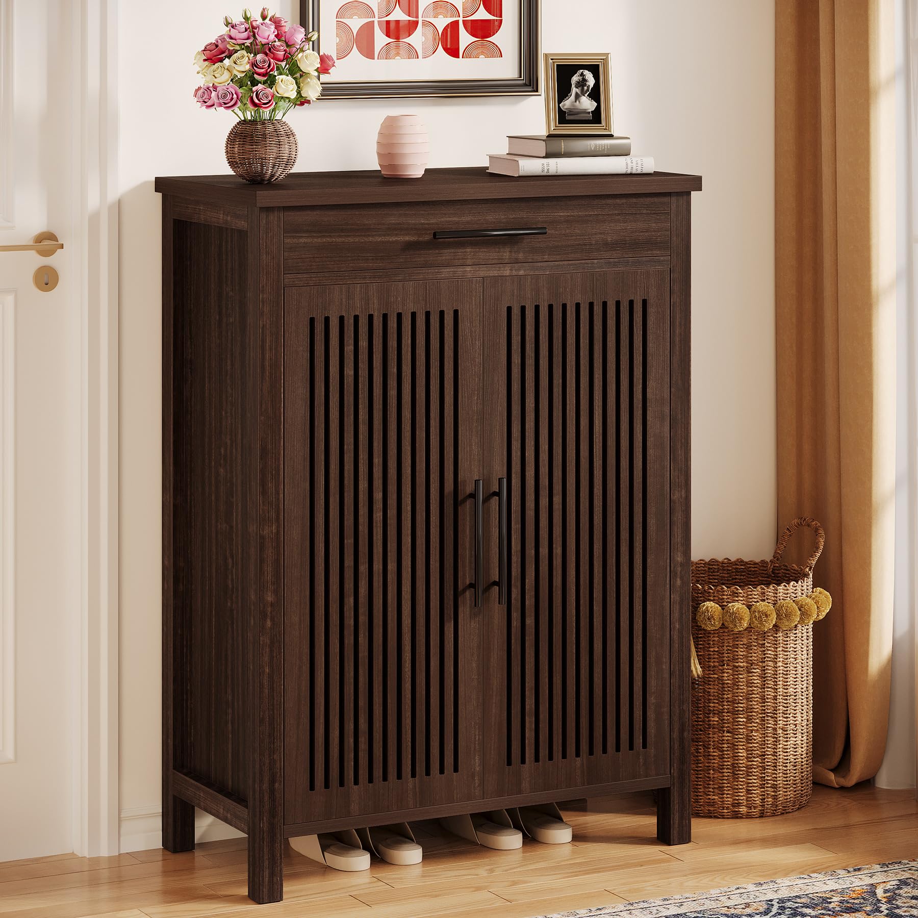 Image of Shoe Cabinet, 5-tier Shoe Storage Cabinet With Louvered Doors And Drawer, Freestanding Wooden Shoe Rack Organizer With Adjustable Shelves For Entryway, Hallway, Closet