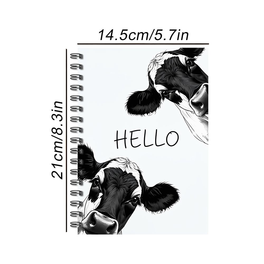 TEMU 1pc Black And Themed Spiral Notebook, Cute Farm Animal Stationery For Students And , Adorable Hello Cow Illustration Design, 60 Sheets 30 Pages,