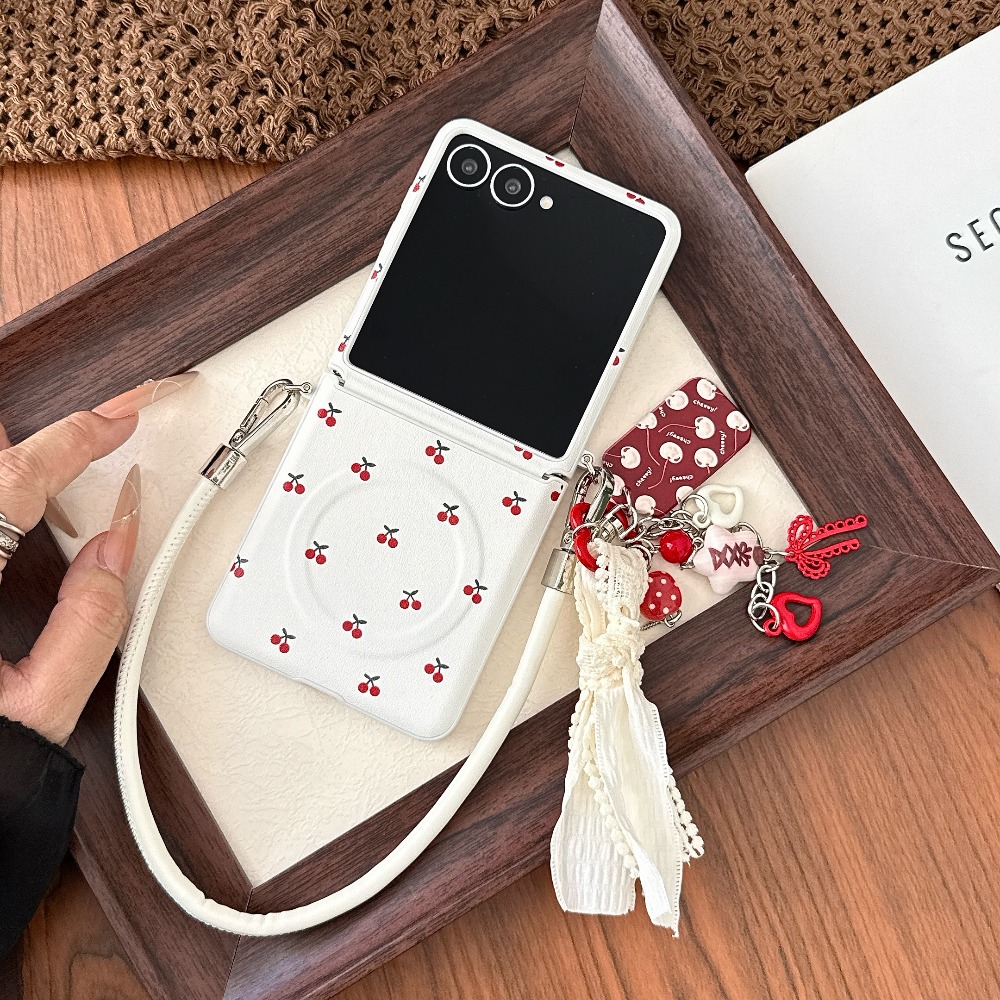 TEMU Phone Case - Cherry Phone Case With Lace Charm Wrist Strap, Compatible With Z Flip 8/7/7 Fe/6/5/4/3, Cute Pattern Protective Cover