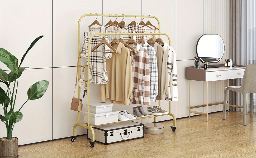   iron double rods garment rack with wheels freestanding multi functional clothing organizer portable clothes hanger with 4 hooks with no electricity required for closet storage details 7