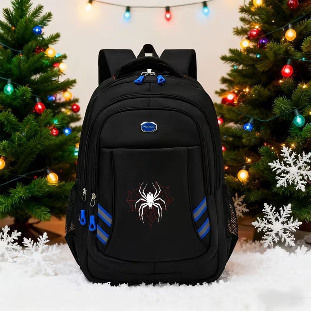 TEMU White Spider Backpack With Reflective Strips - Back-to- Multi-functional Travel Backpack, Fresh Printed Design, Durable And Wear-resistant,