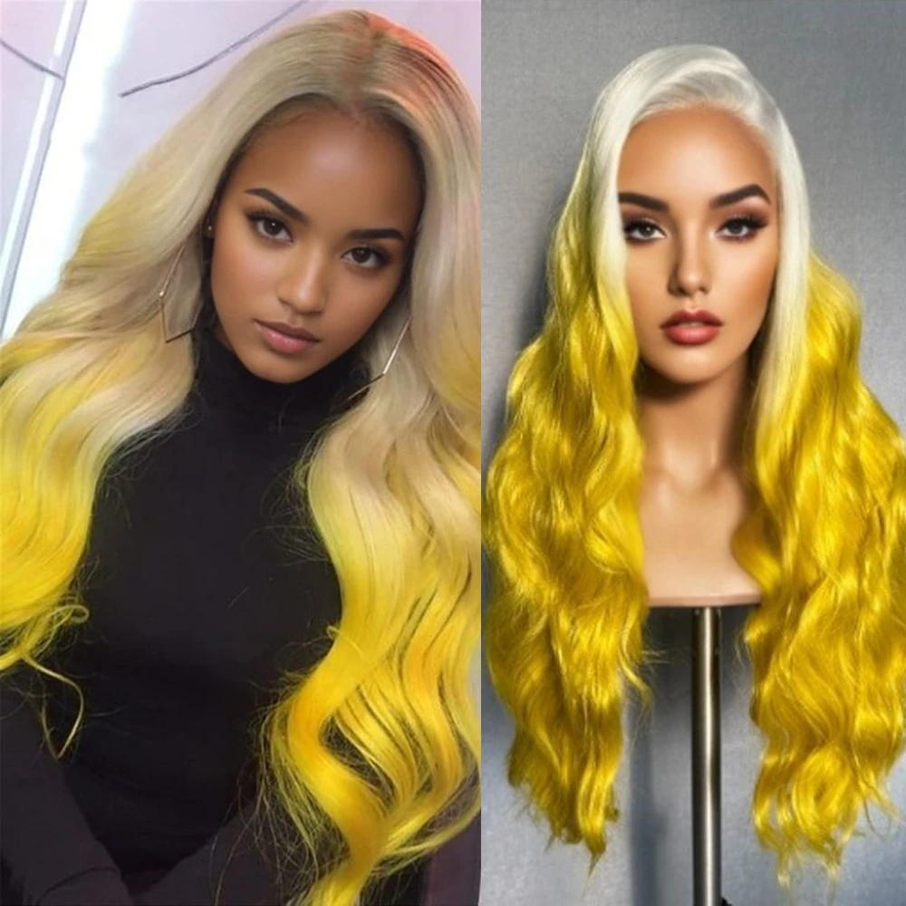 omber yellow human hair wig 13x6 hd lace front body wave 30 inch 200 density natural look wig for women colored blonde to dark ombre gradient all versatile hairpiece elegant hairpiece details 1