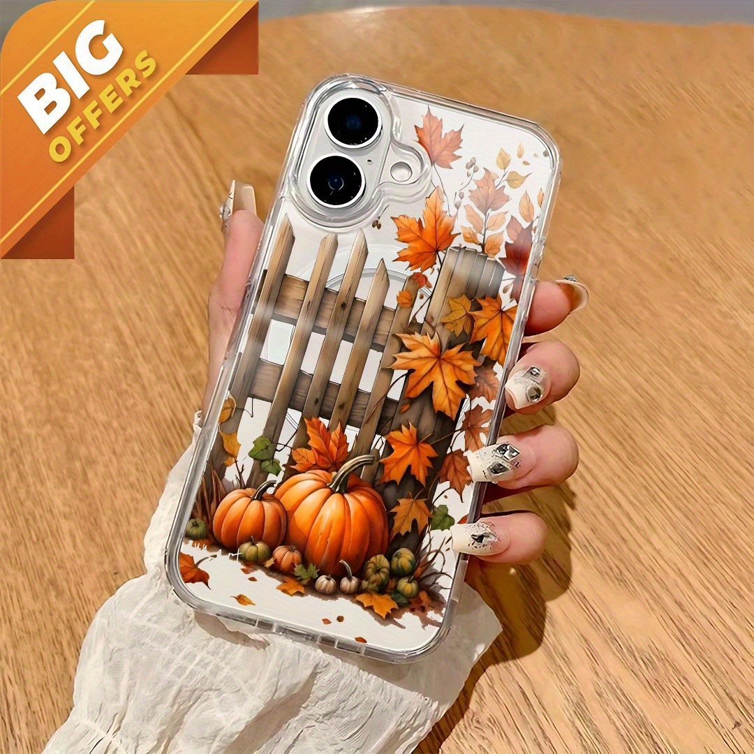 [Stylish Autumn iPhone Case] Stylish and Simple Autumn Leaves Pumpkins iPhone Case | Magnetic, Transparent TPU, Wireless Charging Compatible, No Yellowing, Multiple Colors - Durable Black for iPhone 16/15/14/13/12/11 ProMax/Plus