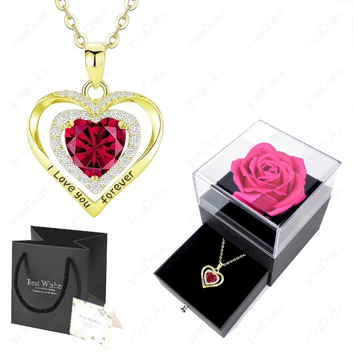 TEMU Un collier de luxe avec pendentif de cœur, en synthétique rouge, de l'incrustation "Je t'aimerai ". Il est livré dans une boîte cadeau en