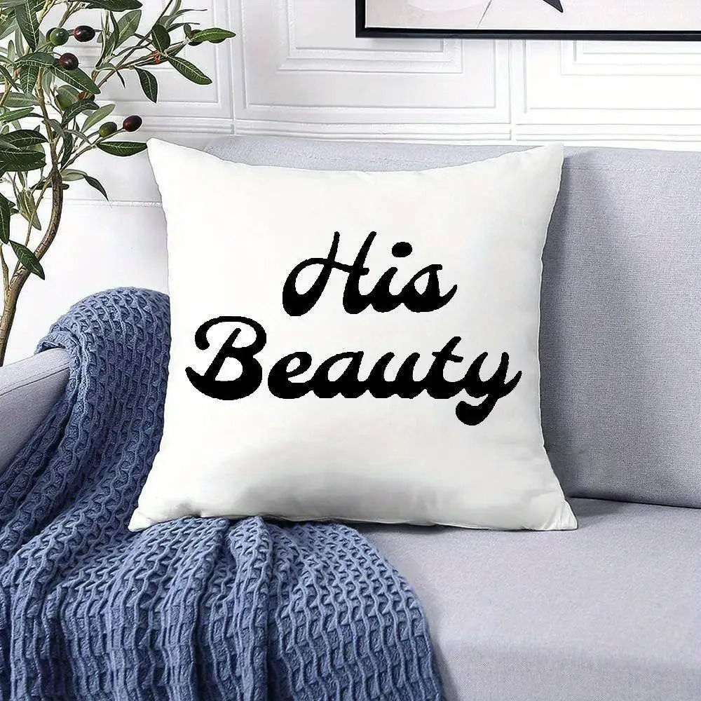 his hers couples pillowcase funny romantic gift with his beauty   initials elegant cursive lettering on white zipper closure hand wash only retro style matching bedding for couples Product details 0