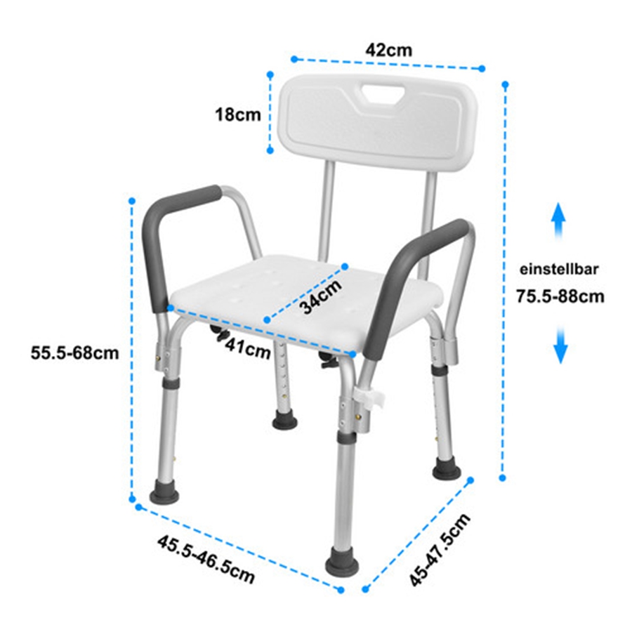 Image of Height-adjustable Shower Stool, Shower Chair With Armrests & Backrest, Anti-slip Chair, 37. 5-50. 5cm