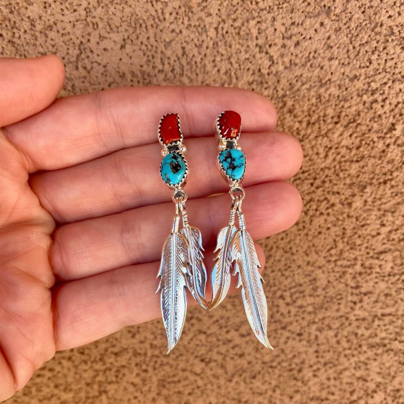 TEMU A Pair Of Silver-plated Earrings Featuring Turquoise And Coral In A For Feather, Local American . Ideal For Casual, Festivals, And Bohemian During Vacations