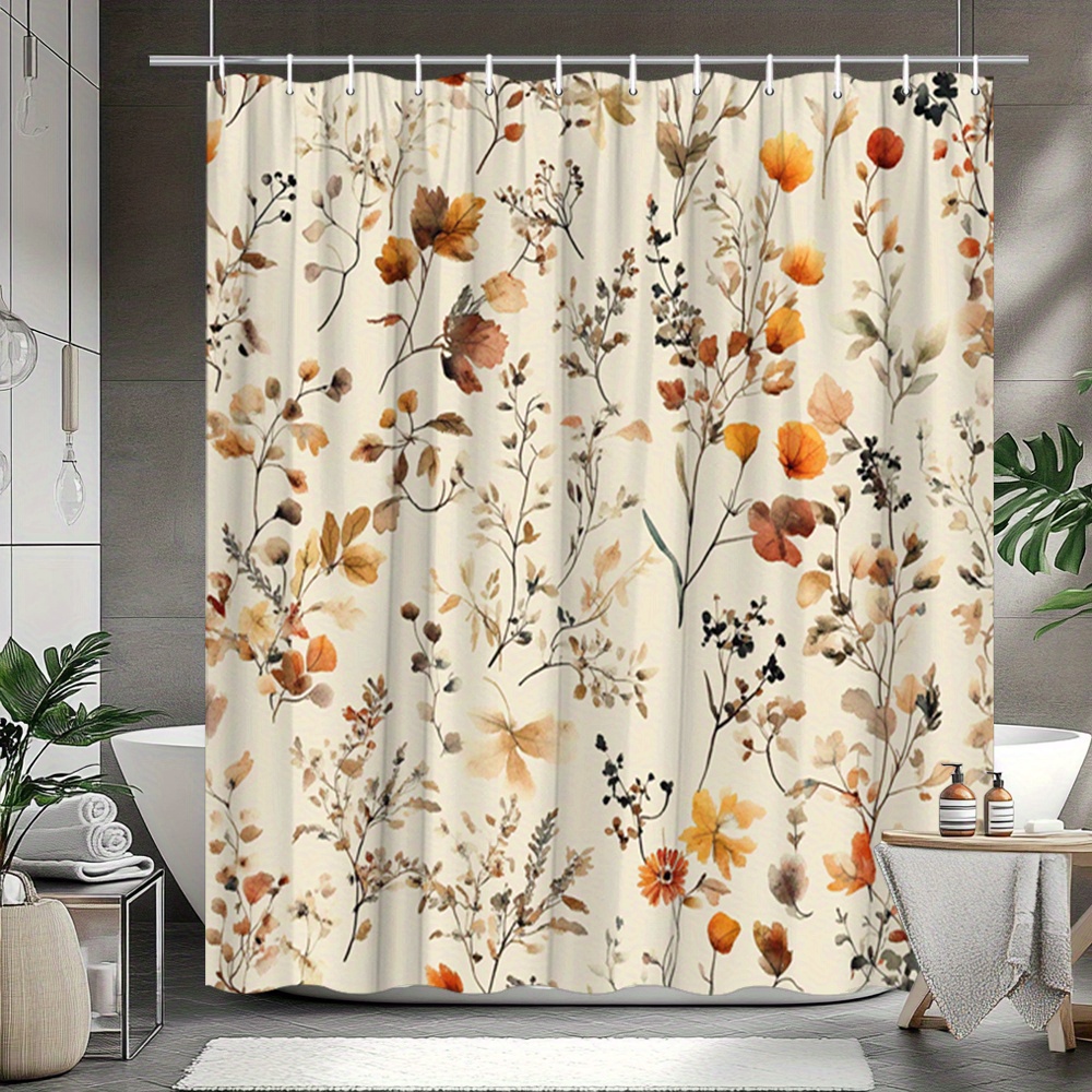 TEMU [Impression 2D Plate] 1 rideau de douche plat 2D floral d'automne, aquarelle jaune, fleurs, feuillage , , feuilles, fond beige , motif nature