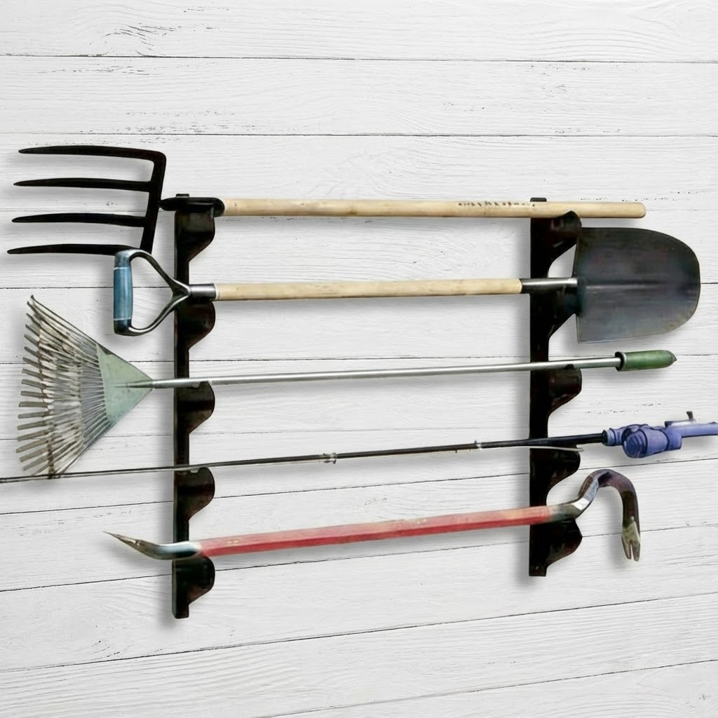 E-shop Ganzmetall Stahlblech Werkzeug Organizer | Wandmontiertes Aufbewahrungsregal für lange Garagenwerkzeuge, Schaufeln, Rechen und Angelgeräte |