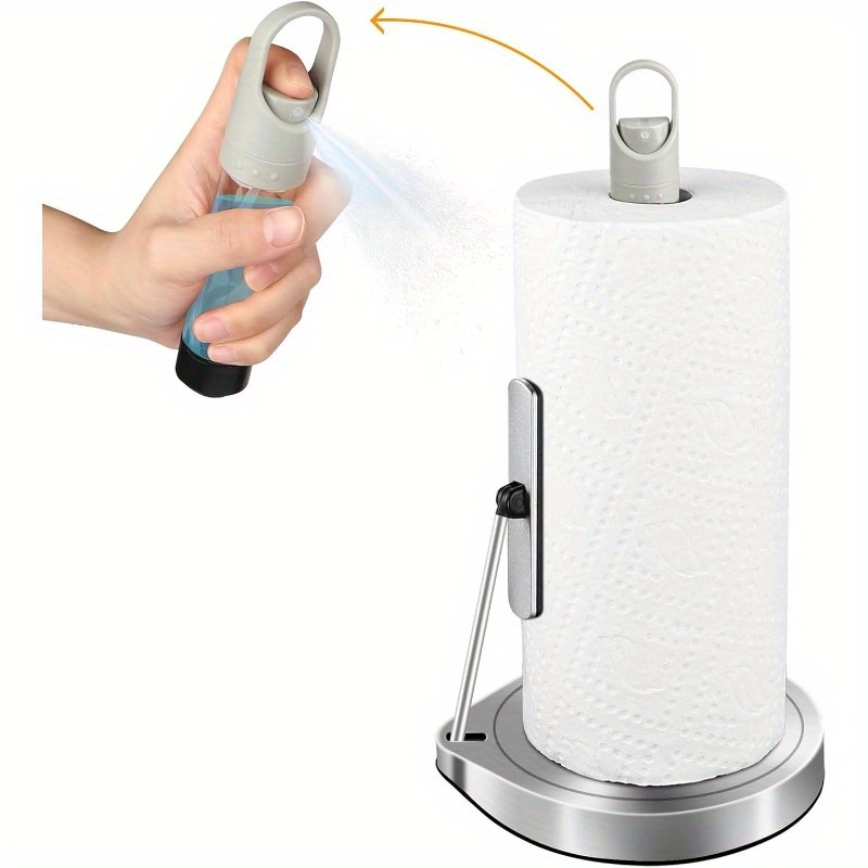 Paper Towel Holder with Spray Bottle Kitchen Towel Holder for Countertop Spring Arm for Easy Tear OneHanded Stainless Steel Paper Towel Dispenser with Weighted Base Silvery