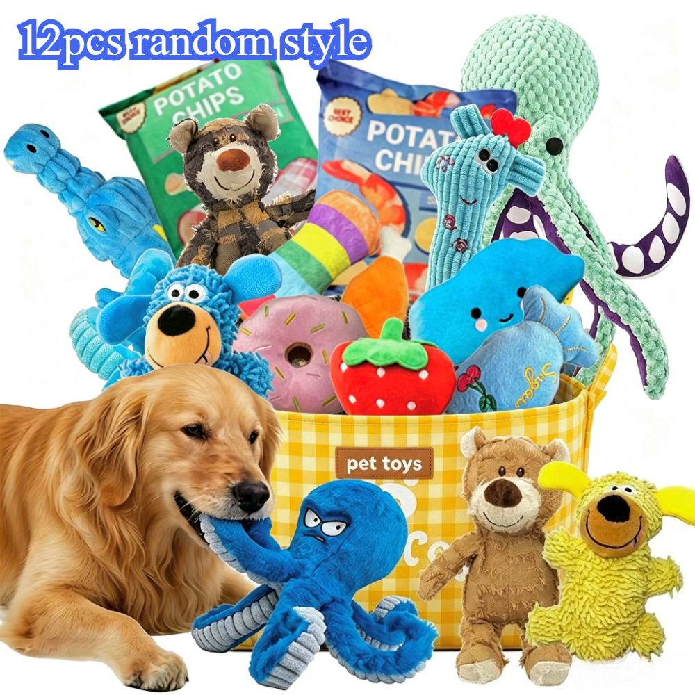 Image of 12pcs Random Style Dog Plush Toys, Cartoon Pattern Durable And Interactive Toy Set Suitable For Chewers - Types Of Pulling Pets, Your Dogs From Boredom, More Suitable For Small Dogs, Random Style