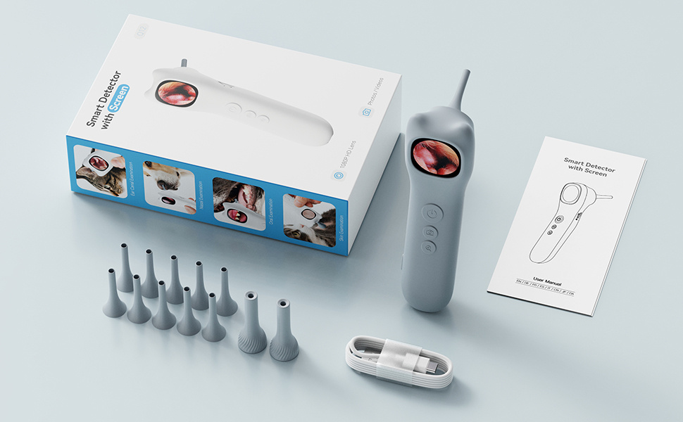 This Home-Use Pet Smart Detector Combines Four Functions in One, Featuring a 1080P High-Definition Ear Endoscope Camera with 4X Zoom for Clear Internal Viewing. It Comes with 12 Specialized Examination Heads to Fit Different Body Parts