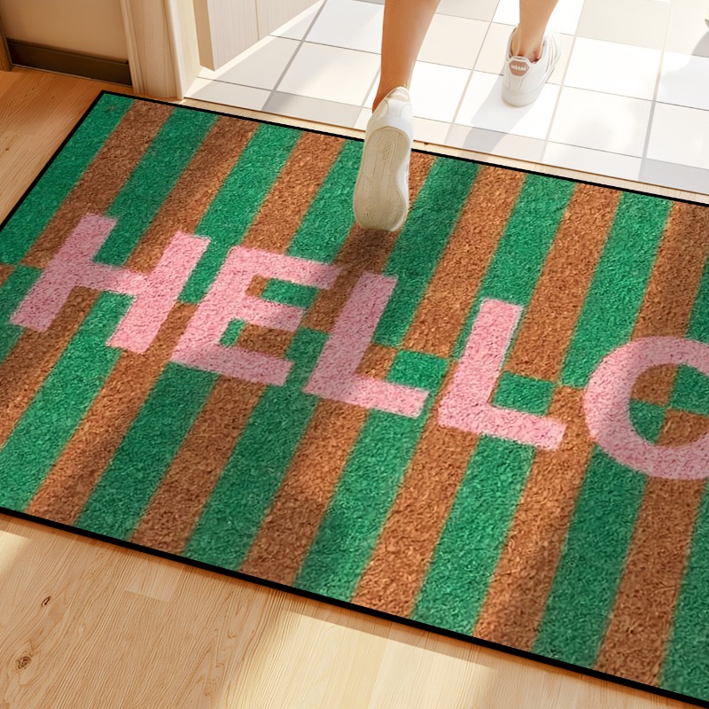 TEMU 1pc Brown-green Striped Hello Welcome Door Mat, Easy Entry Mat-bathroom Mat, Machine Washable Door Mat, Square Weight 750g, Thickness 0.5cm.