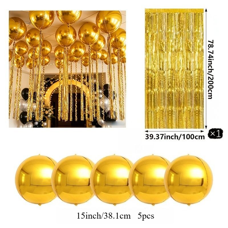 TEMU 6pcs Golden Round Foil Balloon And Ribbon Set, Suitable For Birthday, Shower, Graduation Ceremony, Engagement, Wedding, Anniversary, New Year,