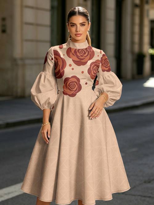 item picture plus size womens vintage puffed sleeve high neck maxi dress with cinched waist swing dress suitable for commuting dates casual attire machine washable compatible for body types no