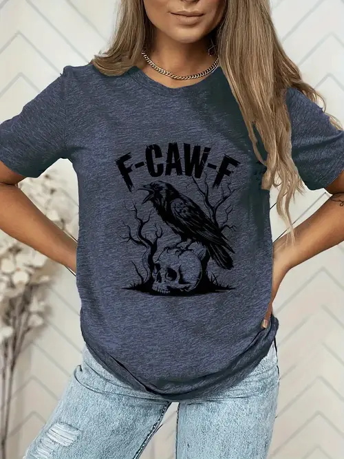 womens gothic crow skull f caw f print t shirt blue short sleeve round neck washable edgy streetwear halloween outfit essential casual gothic shirt with durable casual attire style graphic tee clothing alternative fashion
