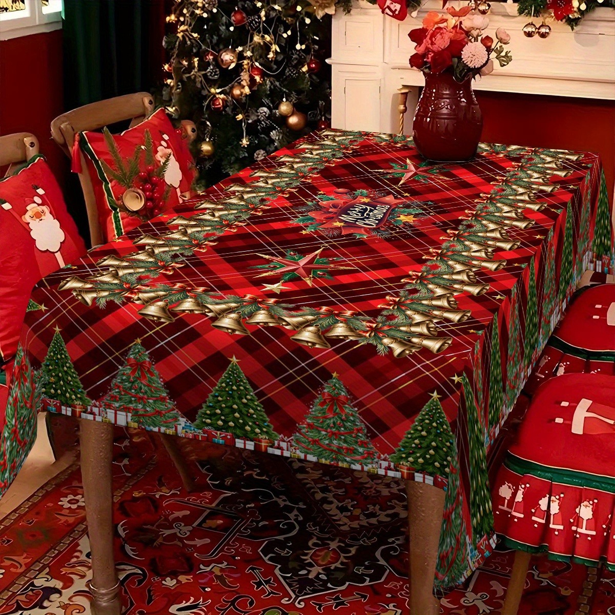 TEMU 1pc Plaid Christmas Tablecloth With & Merry Christmas Text - Suitable For Indoor/outdoor Holiday Decor, Durable Suitable For Coffee Tables,