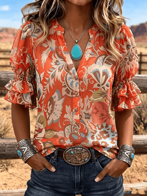 womens western floral paisley print v neck henley blouse puff double ruffle short sleeve casual loose boho summer tops