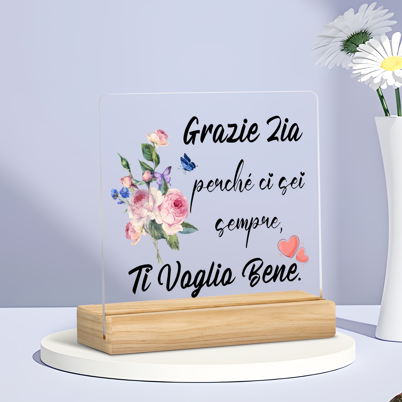 TEMU Piatto 2D, Un Regalo per Tua Zia, a Tutte e Quattro - 1 pz, Targa in Acrilico "Grazie Zia" - Con Rosa e ad con " Bene", alla Tua Zia che 癡 Come