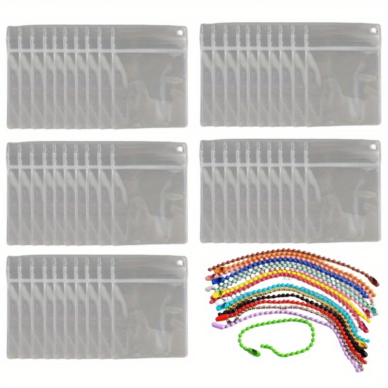E-shop 50 Klare PVC-Reißverschlusstaschen mit Aufhängelöchern + 50 Sortierte Farbketten | Wiederverwendbare Aufbewahrungsorganizer für