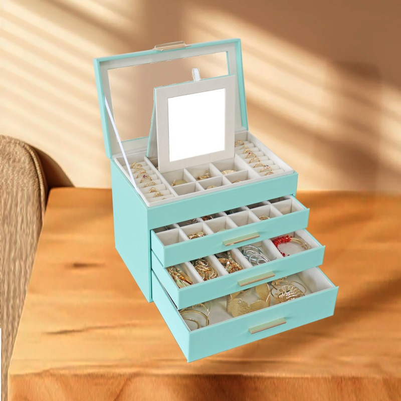 BOOVO Advanced 4-layer Jewelry Box -3-layer Drawer Large Capacity Storage - Transparent Window Design - Suitable for Displaying and Storing Jewelry - Built-in Flip Mirror - Equipped with Necklace Hook - Multifunctional Faux Leather Jewelry Box